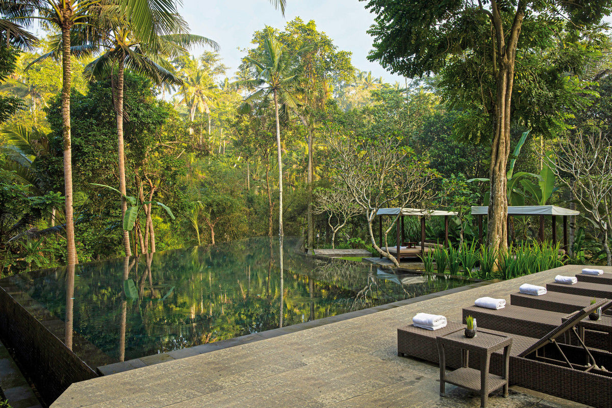 Ein luxuriöses Infinity-Pool, umgeben von dichtem tropischen Grün und Palmen. Auf der vorderen Terrasse stehen mehrere Liegestühle bereit, jeweils mit einem weißen Handtuch darauf. Absolute Ruhe und Harmonie strahlt dieser Erholungsort aus.