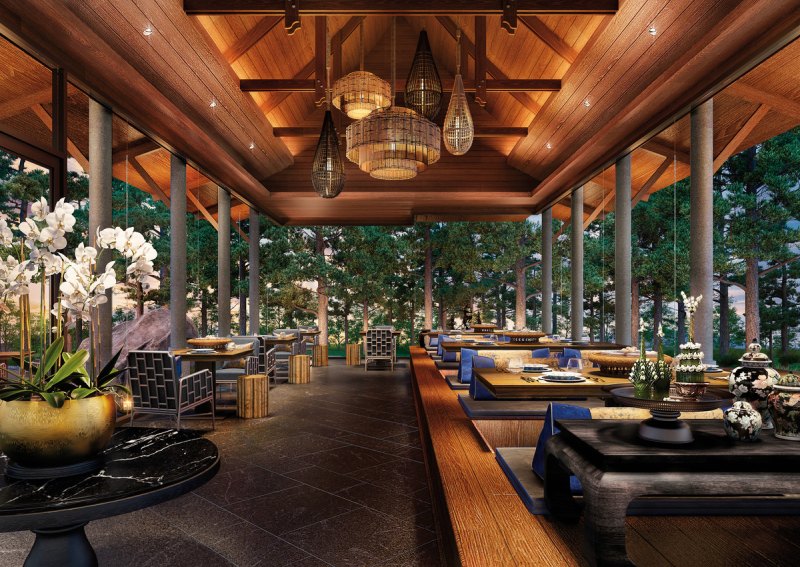 Außenrestaurant Ein stilvolles Restaurant mit modernem Design, umgeben von einem dichten Kiefernwald. Das Interieur zeigt dunkle Holztische, bequeme blaue Sofas und elegante Beleuchtung durch hängende Designerlampen. Durch die großzügigen Fensterfronten fällt der Blick auf den friedlichen Wald.