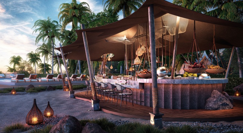 Bar Eine elegante Outdoor-Bar bei Dämmerung mit stilvollen Barhockern und einer Theke, umgeben von Hängesesseln und dekorativen Lampen. Palmen und Liegestühle sind im Hintergrund zu sehen, was ein entspanntes, tropisches Ambiente am Pool vermittelt.