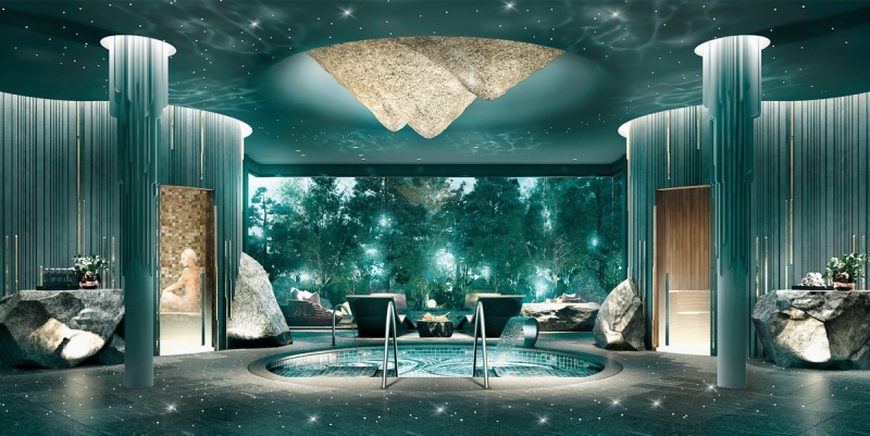 Spa-Bereich Ein luxuriöses Spa-Interieur mit futuristischem Design: Die Mitte des Raumes wird von einem kreisförmigen Pool dominiert, umgeben von eleganten Sitzgelegenheiten und Natursteinakzenten. Schimmernde Lichter an Boden und Decke imitieren einen Sternenhimmel, während große Fenster den Blick in einen nächtlichen Wald freigeben. Im Vordergrund befindet sich eine Person, die in Richtung einer Tür geht, deren Gesicht nicht erkennbar ist.
