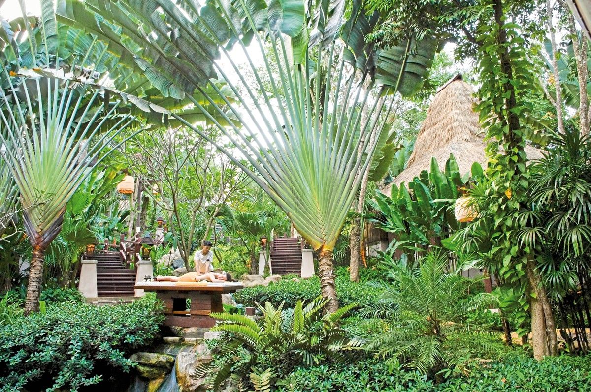Massage in tropischer Kulisse Ein tropischer Garten mit üppigem Grün und großen Fächerpalmen. Im Hintergrund ein traditionelles Strohdachgebäude, im Vordergrund eine Person, die eine Massage auf einer Liege im Freien erhält.