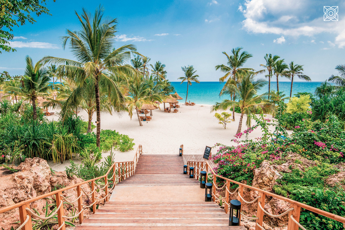 Bild eines einladenden tropischen Strandes mit blauem Himmel, weißem Sand und üppigem grünen Laub. Eine Holztreppe führt hinunter zum Strand, umgeben von Palmen und blühenden Büschen. Mehrere Strohschirme und Liegestühle sind am Strand aufgestellt, bereit für entspannende Sonnenbäder.