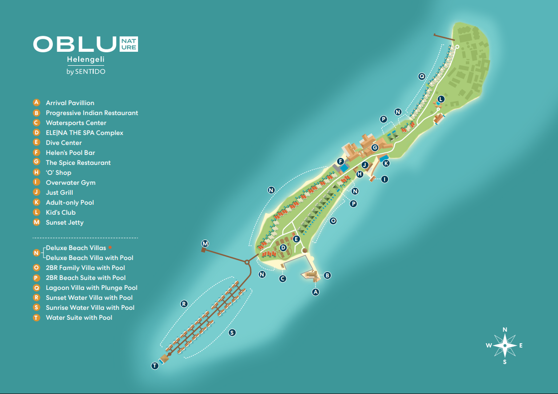 Karte Illustrative Karte des OBLU Helengeli Resorts von SENTIDO, die eine Insel in Vogelperspektive zeigt. Die Karte stellt verschiedene Einrichtungen mit charakteristischen Symbolen und Legenden dar, einschließlich eines Ankunftspavillons, Restaurants, eines Wassersportzentrums, eines Spa-Komplexes, eines Tauchzentrums und mehrerer Villentypen. Die Insel erstreckt sich von Südwest nach Nordost, mit Villen entlang der Küste und einem Steg zu Überwasser-Villen im Südosten. Die Legende und Symbole sind klar angeordnet, was eine einfache Orientierung ermöglicht.