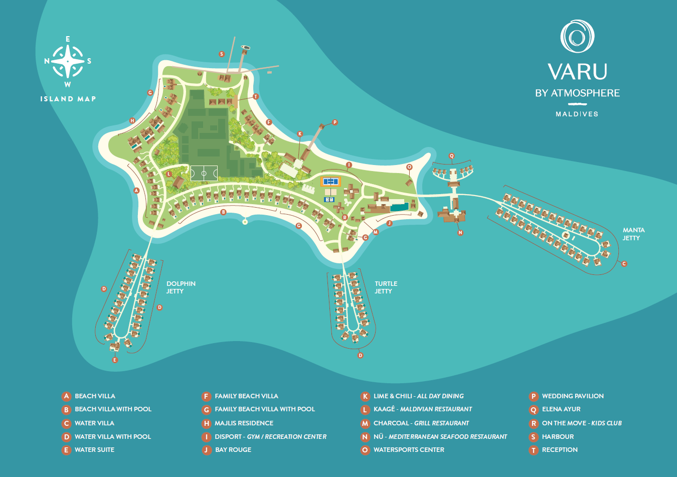 Inselplan Karte der Insel VARU by Atmosphere, Malediven, zeigt die Anordnung und Lage der verschiedenen Unterkünfte und Dienstleistungen. Die Karte ist detailliert und benutzerfreundlich gestaltet, mit klar gekennzeichneten Einheiten, darunter Strandvillen, Wasservillen und Familienunterkünfte, sowie verschiedenen Dienstleistungen und Einrichtungen wie Restaurants, ein Fitness- und Erholungszentrum, einen Hochzeitspavillon und Jetties mit Namen wie Dolphin, Turtle und Manta. Die Farbgebung der Karte in Türkistönen hebt die idyllische Insellage hervor.